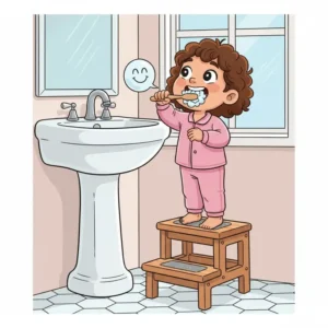 Small child happily brushing teeth while standing safely on a non-slip bathroom step stool.