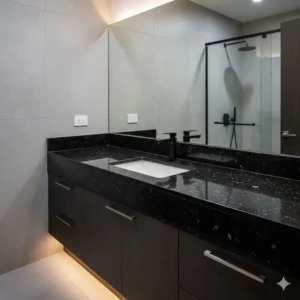 Polished black granite bathroom vanity tops installed in a modern bathroom, offering a sophisticated and sleek look.