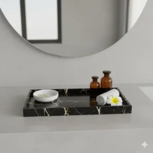 Rectangular black marble bathroom accessories vanity tray for organizing small toiletries.