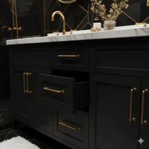 Detail of a black vanity with drawers featuring chic gold handles and a white marble countertop, perfect for a contemporary design. 