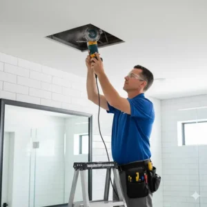 Creating a precise hole for a larger ventilation unit during a professional bathroom fan installation wilmington nc upgrade.