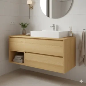 Floating bathroom cabinets light wood mounted on a textured wall, enhancing the contemporary, spacious design of the bathroom. 