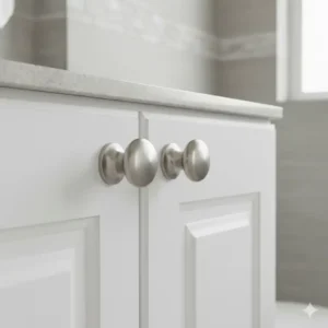 Set of round brushed nickel knobs used as bathroom handles for cabinets, highlighting the smooth, classic finish.