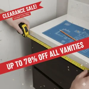 Close-up of a tape measure showing the necessary clearance between a wall and a bathroom vanity.