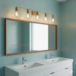 Long, horizontal mid-century modern vanity light bar with exposed bulbs, a common style for vintage bathroom light fixtures.