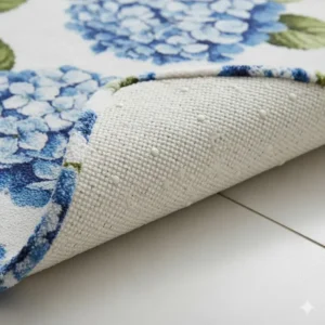 Detail image showing the textured, non-slip rubber backing of a secure and durable floral bathroom rugs piece. 
