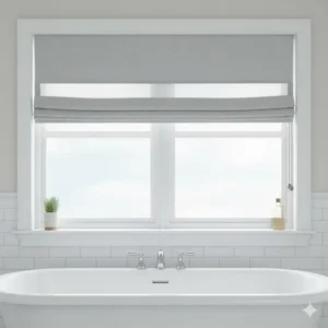 View of roman shades for bathroom with a top-down, bottom-up feature for flexible light and privacy control.