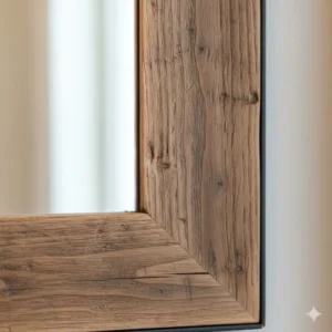 Close-up of a rustic wood-frame bathroom mirror detail, showing the texture and grain of the reclaimed material. 
