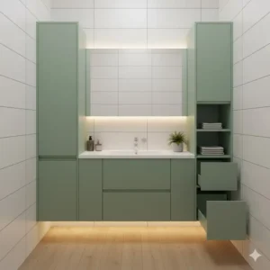 Clever storage solutions in a small bathroom using custom sage green bathroom cabinets. 