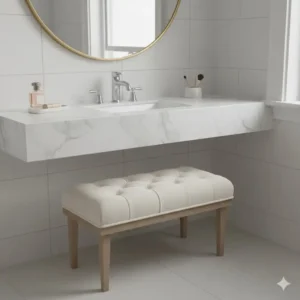 Small, upholstered bench for bathroom vanity in a neutral color, tucked neatly under the counter. 