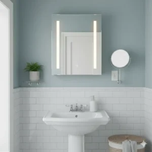 Elegant surface-mount medicine cabinet with LED lights installed above a pedestal sink in a small bathroom. Bathroom Medicine Cabinets with Lights
