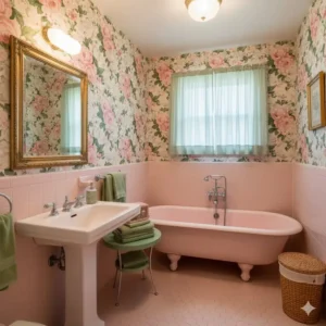 Snapshot of a vintage pink and green bathroom showing classic mid-century fixtures and patterned wallpaper.