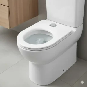 Close-up view of a high-efficiency, water-saving toilet—an essential element when selecting the best bathroom fixtures.