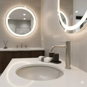 Close-up of a sleek, brushed nickel faucet on a vanity in a bathroom remodel display.