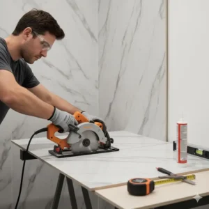 Professional demonstrating the easy and rapid installation of acrylic bathroom wall panels over existing wall surfaces.