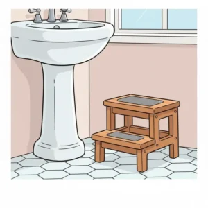A practical two-step design for a bathroom step stool, providing stable and easy access to high counters.