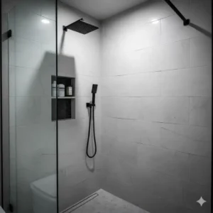 Detail of a luxurious walk-in shower with modern tile, completed in a recent bathroom remodel colorado springs.