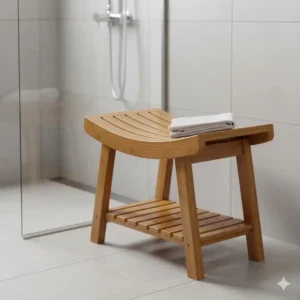 Bamboo shower bench for bathroom use, showcasing its curved, slatted design for water drainage. 