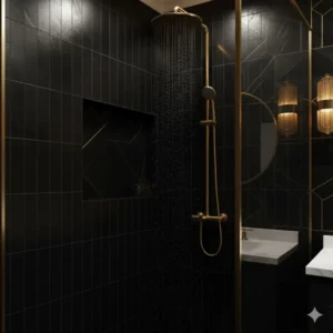 Modern walk-in shower with large format black tiles and a premium black and gold shower fixture and rainfall head. 