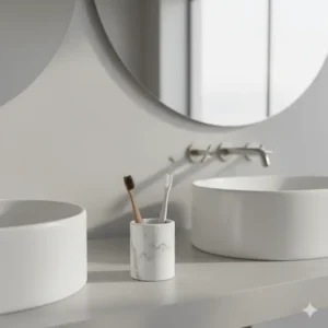 Stylish Carrara marble bathroom accessories toothbrush holder adding a touch of sophistication to your counter.