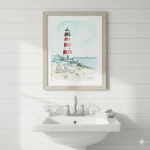 Framed coastal-themed bathroom art print depicting seashells and a lighthouse in soft watercolor. 