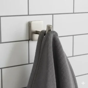 Detail of a brushed nickel single robe hook, essential delta bathroom accessories for hanging towels. 
