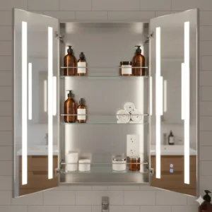 Interior view of a wide lighted medicine cabinet with dimmable settings, displaying organized shelves and an electrical outlet. 