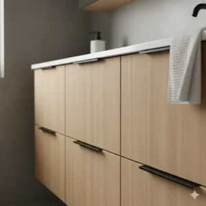 Large double vanity configuration featuring natural-finish bathroom cabinets light wood and twin circular above-counter sinks. 