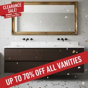 Large double-sink bathroom vanity clearance model, perfect for a master bath renovation.