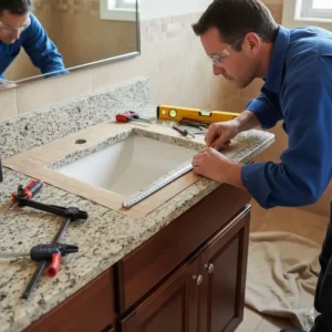 Professional measuring a cutout for a faucet during the installation process of new granite bathroom vanity tops.