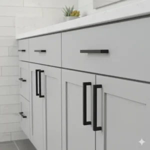 Installation shot of sleek matte black bathroom handles for cabinets against a light gray vanity front.