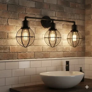 Industrial-style vintage bathroom light fixture with metal cages and Edison bulbs, showcasing unique vintage bathroom light fixtures.