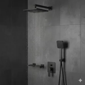 A contemporary matte black complete shower system, showcasing the durability and style of modern bathroom fixtures.