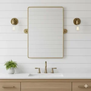 Modern farmhouse bathroom mirror complemented by antique brass sconce lighting on either side. 