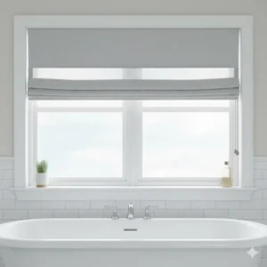 Clean, tailored look of an inside-mounted roman shades for bathroom fit perfectly within a window frame.