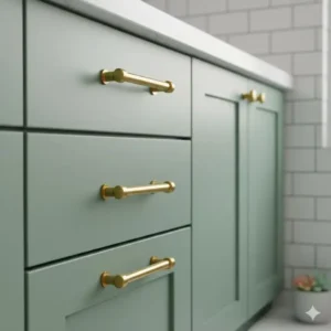 Close-up of sage green bathroom cabinets with shaker doors and elegant gold pulls. 