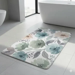 A rectangular floor mat featuring a calming watercolor floral pattern in soft blue and green tones, one style of floral bathroom rugs. 