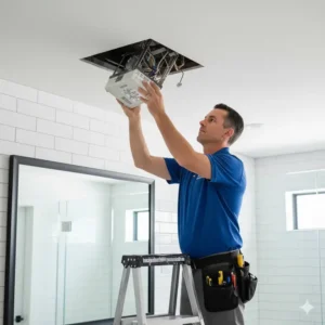 Technician safely wiring connections for a high-quality unit during bathroom fan installation wilmington nc according to electrical codes.