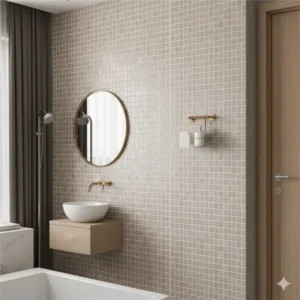 A client meeting with a design expert in a bathroom remodel showroom to discuss layout and materials.