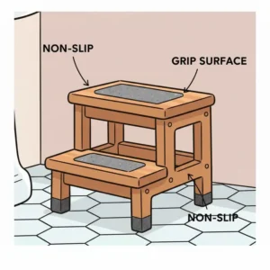 Close-up showing the non-slip rubber grips on the base of a safe bathroom step stool.