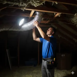 Securing ductwork in the attic, an essential step for proper bathroom fan installation wilmington nc and ventilation.