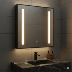 Stylish black-frame bathroom medicine cabinet with lights and a large mirror door, complementing a dark marble countertop. 