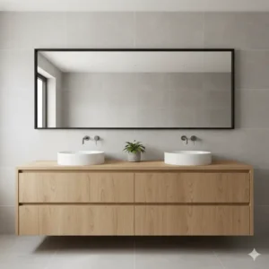 Close-up detail of bathroom cabinets light wood with sleek, contrasting black matte cabinet pulls and hardware. 