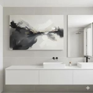 Large, waterproof canvas art for the bathroom showing an abstract design in grey and white. 