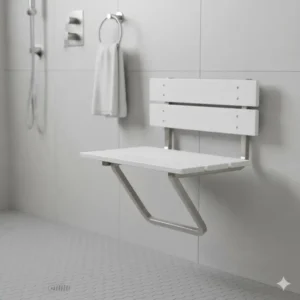 Folding bench for bathroom wall mount, pictured in the folded-up position to save space. 