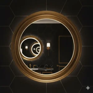 A circular gold-framed mirror hanging against a bold black wall, adding a striking visual accent to the space. 