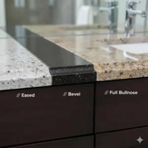 Close-up visual guide of popular granite bathroom vanity tops edge profiles, including eased, bevel, and bullnose.