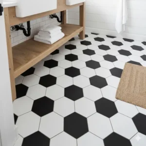 Black and white hexagonal floor tiles offering a geometric contrast in this white modern farmhouse bathroom space.