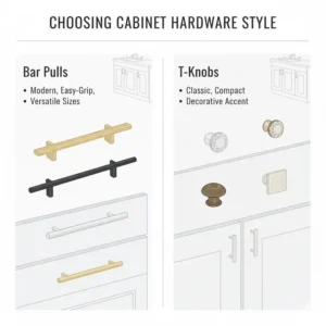 Infographic demonstrating how to select the right size and style of bathroom handles for cabinets based on cabinet dimensions.