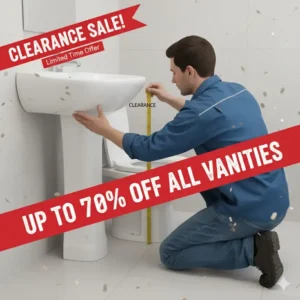 Step-by-step image of a new bathroom vanity installation, ensuring proper clearance from the toilet.